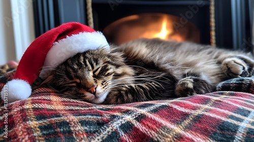 A fluffy cat wearing a Santa cap, curled up on a plaid blanket near a warm fireplace. photo