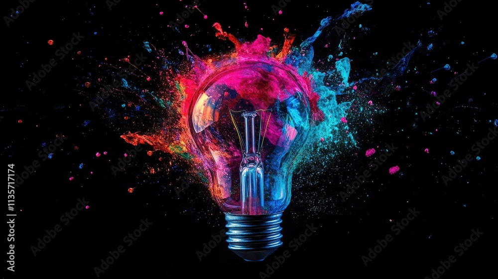 Creative explosion of a light bulb with vibrant paint splashes Innovation and creativity concept Creative explosion of a light bulb with vibrant paint splashes Innovation and creativity concept