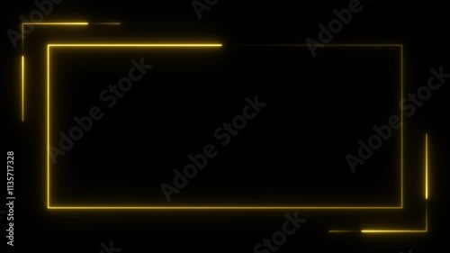 Golden line frame. Rectangle border. Line art. Neon. Isolated on black background. Animated corner line. Copy space. Elegance and sophistication. For photos, invitations, or art. A sleek, luxurious.
