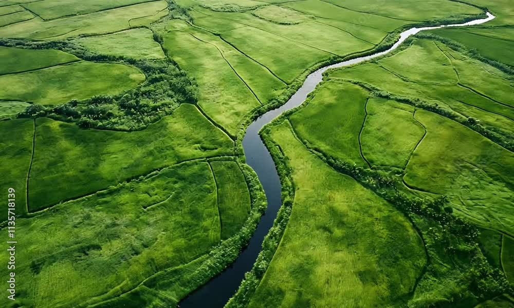 Aerial view of lush green fields and a winding river through a vibrant landscape.