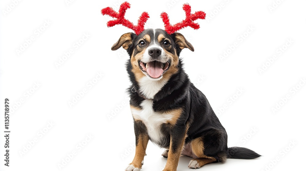 Happy dog wearing red reindeer antlers sitting on a white background. PNG transparent. Ai