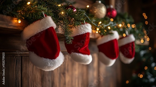 A row of Santa caps hanging from a rustic wooden coat rack, decorated with pine garlands and fairy lights. photo
