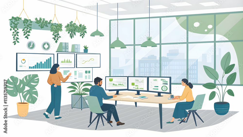 Sustainable marketing analytics team using green data tools with copy space concept as Sustainable marketing analytics team utilizing green data tools in a modern office with space for copy in  Photo 