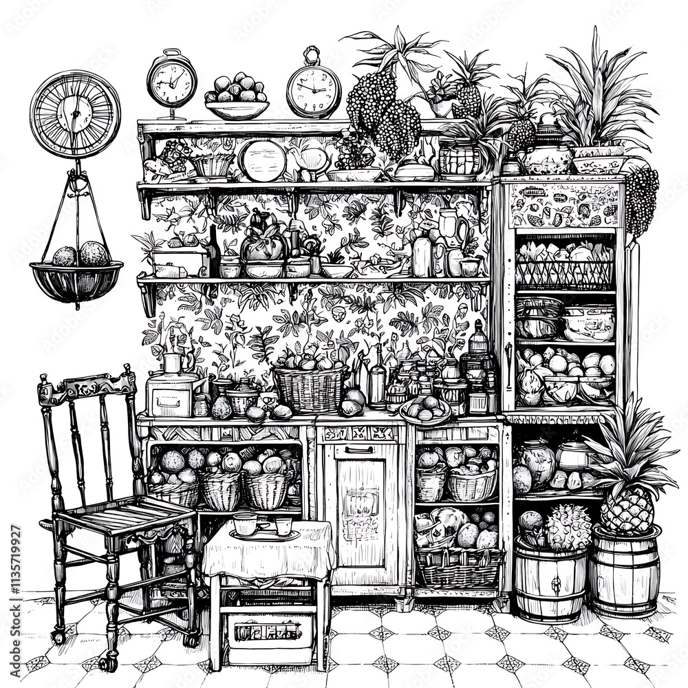 Fototapeta premium A Detailed Ink Drawing of a Rustic Kitchen Pantry Filled with Fruits, Vegetables, and Vintage Items.