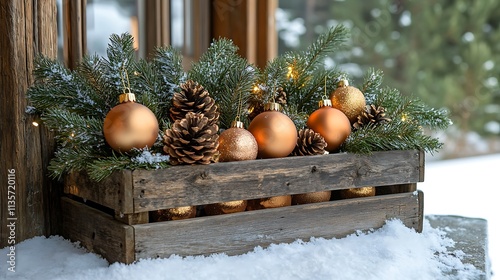 A rustic wooden crate filled with vintage-style ornaments, pinecones, and greenery, displayed on a snowy porch. photo