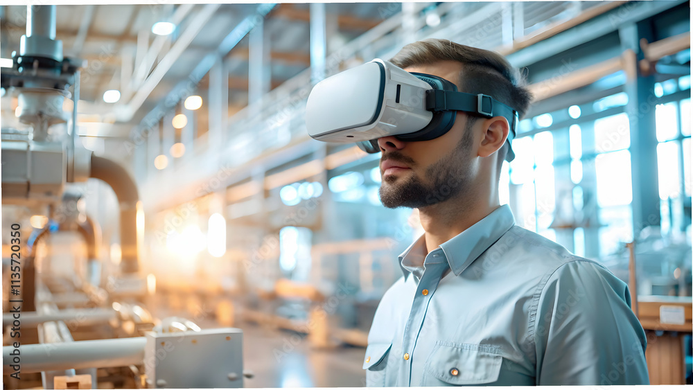 Technician wearing VR headset for machine training concept as Technician using VR headset to train on machine operations showcasing AI enhanced training in industry with ample copy space in Photo Sto Technician wearing VR headset for machine training concept as Technician using VR headset to train on machine operations showcasing AI enhanced training in industry with ample copy space in Photo Sto