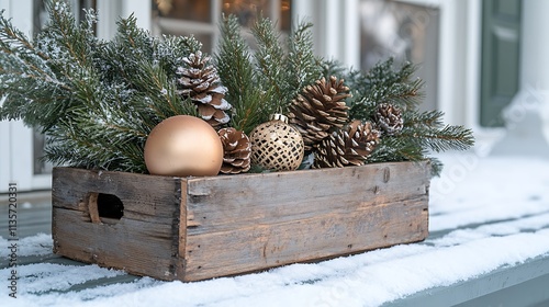 A rustic wooden crate filled with vintage-style ornaments, pinecones, and greenery, displayed on a snowy porch. photo