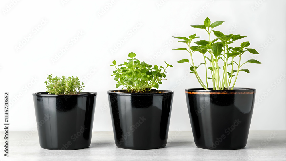 Fototapeta premium Small Herb Seedlings in Glossy Black Pots on Plain Background - Urban Agriculture Modern Aesthetics Photo Stock