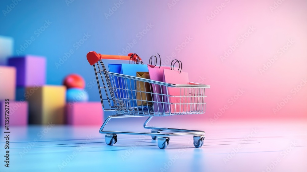 Illustration of shopping cart and laptop, soft blue background, online stores concept Illustration of shopping cart and laptop, soft blue background, online stores concept