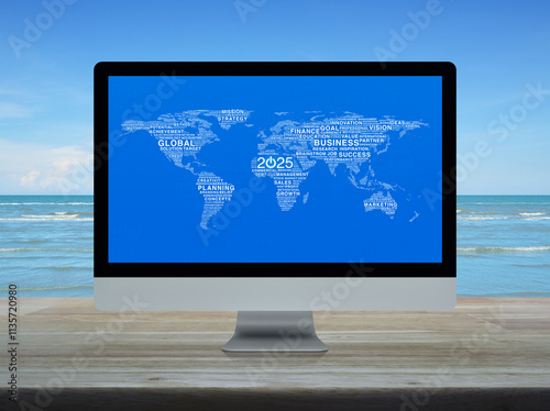 Fototapeta Naklejka Na Ścianę i Meble -  2025 start up business icon with global words world map on computer screen on table over tropical sea, Happy new year 2025 global business start up online, Elements of this image furnished by NASA
