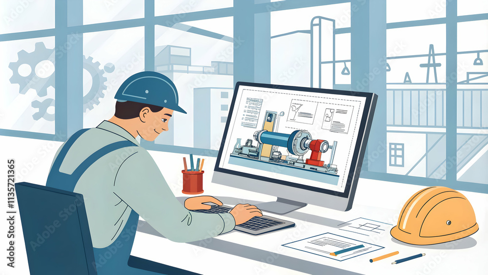 Engineer Analyzing Digital Twin Model of Machinery for Predictive Maintenance in Digital Factory Environment Engineer Analyzing Digital Twin Model of Machinery for Predictive Maintenance in Digital Factory Environment