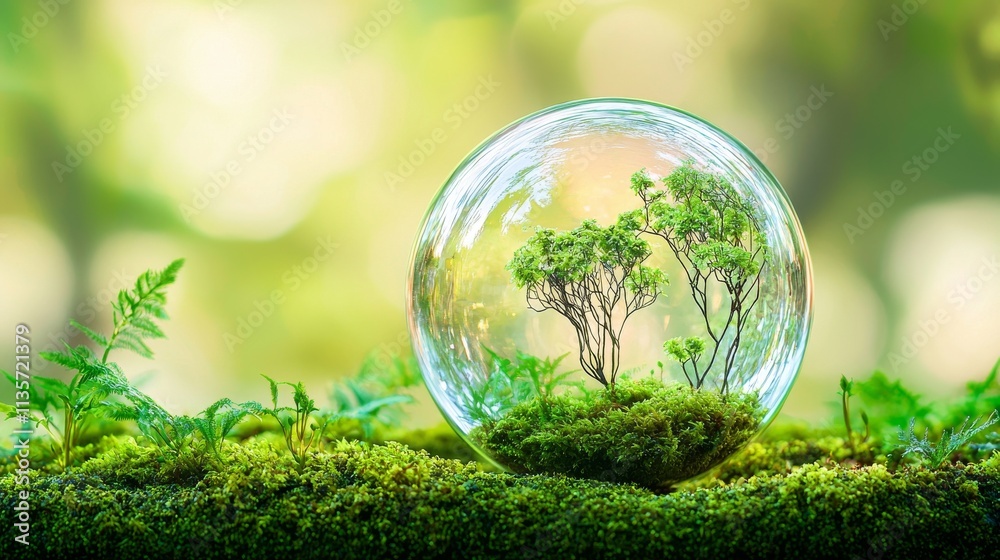 A glass sphere containing trees, surrounded by lush greenery and soft moss. A glass sphere containing trees, surrounded by lush greenery and soft moss.