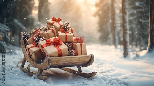 A rustic wooden sleigh piled high with wrapped gifts, sitting in the middle of a snow-covered forest. photo