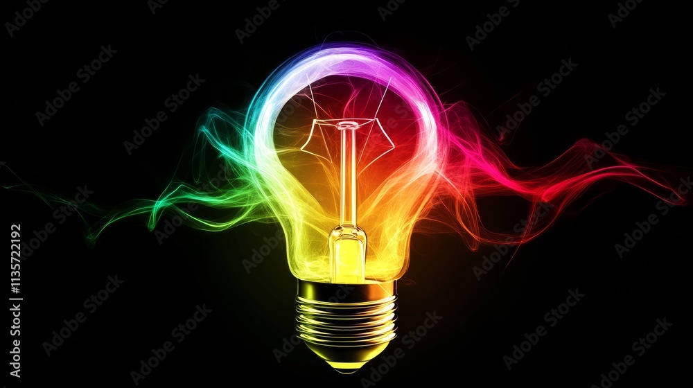 Glowing multicolored light bulb with swirling