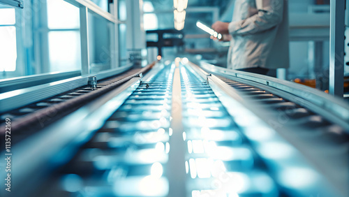 Worker inspecting automated conveyor belt concept as A worker inspects products on an automated conveyor belt ensuring quality control in an industrial setting. in Photo Stock Concept 