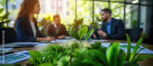 Business meeting discussing carbon credit strategies, carbon credit market, copy space, green investment theme, ethereal, fusion, boardroom backdrop, copy space for text