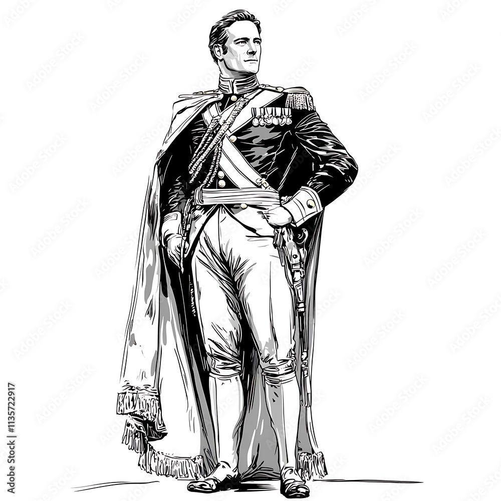 A Black and White Illustration of a Man in a Military Uniform Standing Proudly.