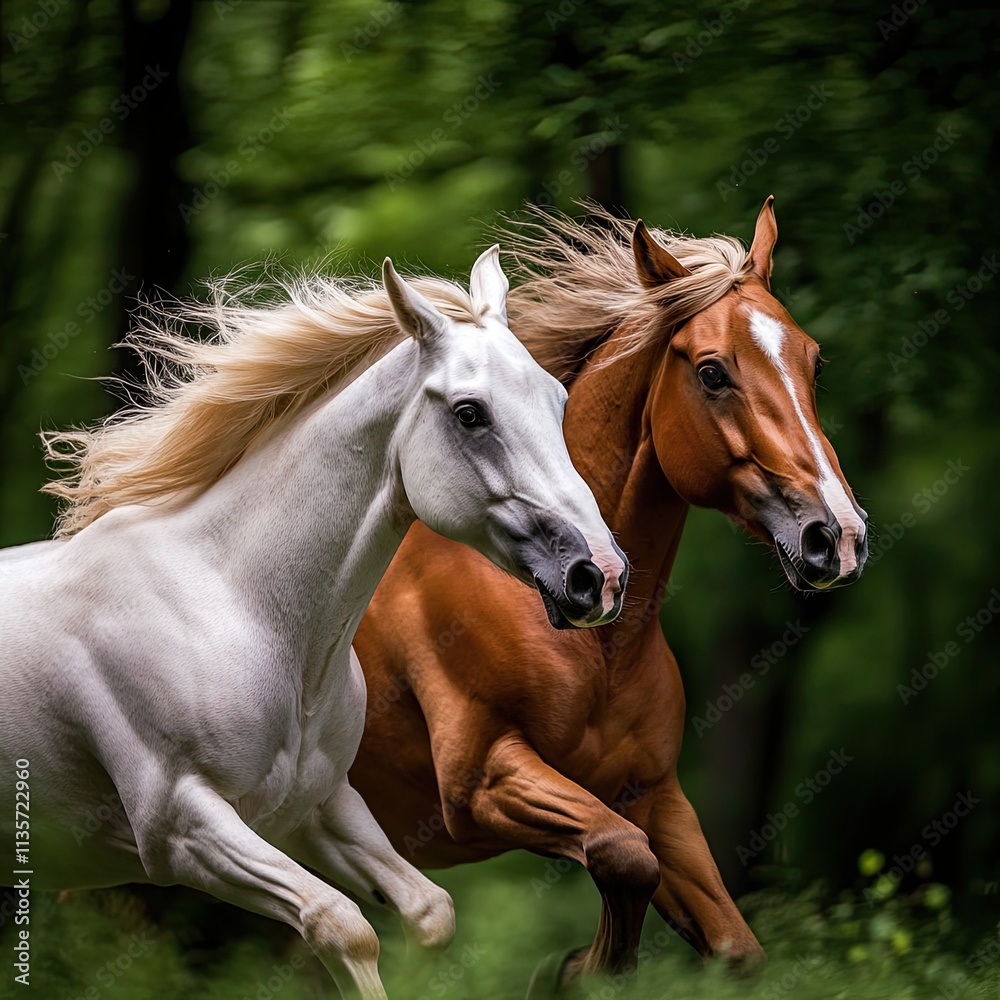 Two Horses Running in Forest Two Horses Running in Forest