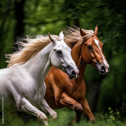 Two Horses Running in Forest