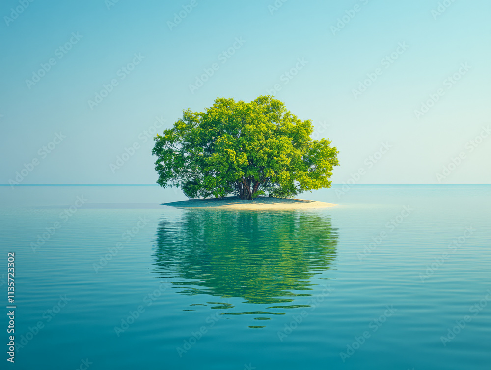 Serene island with lush green tree surrounded by calm blue waters in daylight Serene island with lush green tree surrounded by calm blue waters in daylight
