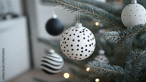 Black and white spherical ornaments with minimalist patterns, hanging from a sleek artificial tree with matching monochrome decorations. photo