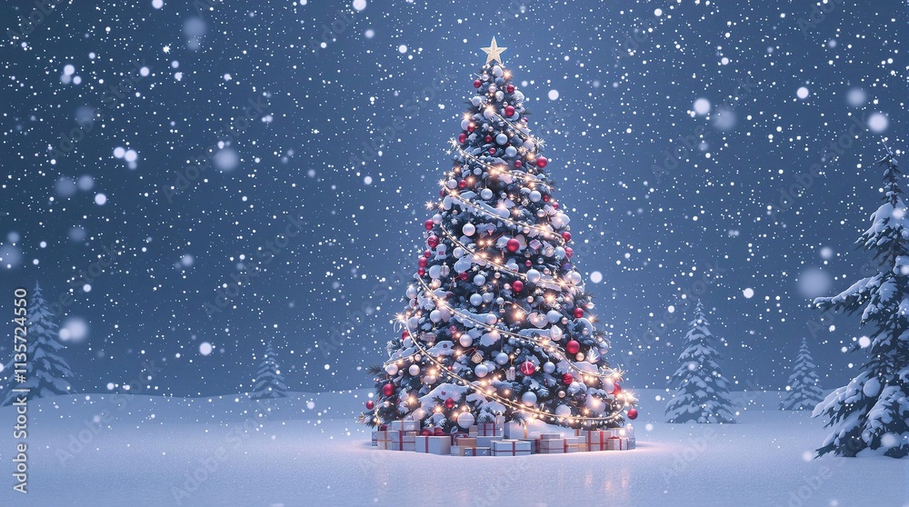 Snowflakes gently falling around a beautifully decorated Christmas tree amidst a blanket of fresh powder, frosty details, evergreen branches, christmas tree Snowflakes gently falling around a beautifully decorated Christmas tree amidst a blanket of fresh powder, frosty details, evergreen branches, christmas tree