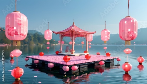 Serene lantern festival celebration tranquil lake pavilion photography calm water setting elevated perspective cultural harmony and beauty photo