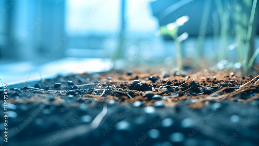 Fototapeta premium Close Up Macro Shot of Rich Compost Soil Particles in Community Garden Highlighting Sustainability and Soil Health