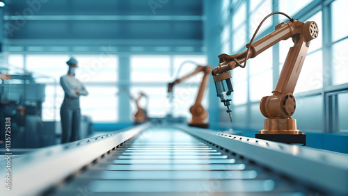 Wallpaper Mural Engineer Monitoring Robotic Assembly Line in Modern Factory Showcasing Automation Integration in Manufacturing Processes Torontodigital.ca