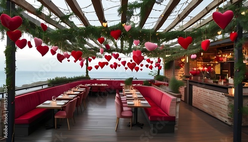 Romantic dining experience by the ocean coastal restaurant interior design beachfront elevated view love and connection photo