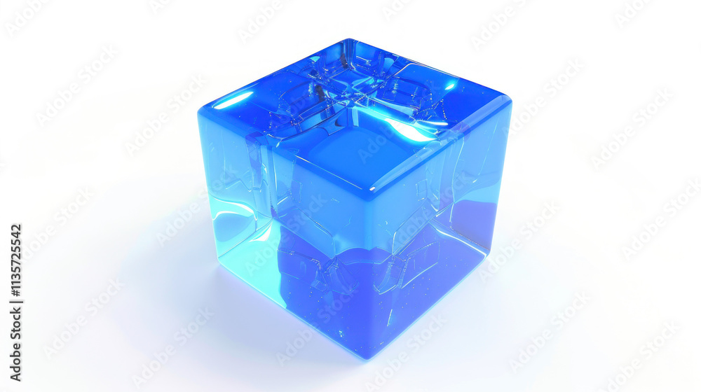 Blue cube with center hole, perched on white surface with shadows. Bright natural light highlights the textured surface and geometric design. Blue cube with center hole, perched on white surface with shadows. Bright natural light highlights the textured surface and geometric design.