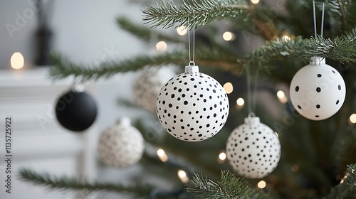 Black and white spherical ornaments with minimalist patterns, hanging from a sleek artificial tree with matching monochrome decorations. photo