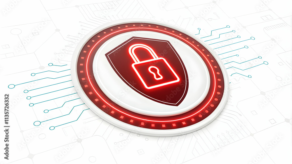 Fototapeta premium Glowing Digital Lock Symbolizing Cybersecurity on Plain White Background for Stock Photo Concept