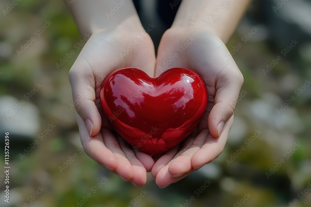 Two hands gently hold a shiny red heart. Perfect for Valentine's, charity, or love themes. Two hands gently hold a shiny red heart. Perfect for Valentine's, charity, or love themes.