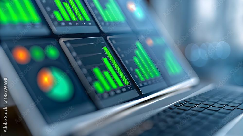 Close Up Laptop Eco Friendly Financial Software Interface with Green Analytics Concept Digital Innovation Green Finance Close Up Laptop Eco Friendly Financial Software Interface with Green Analytics Concept Digital Innovation Green Finance