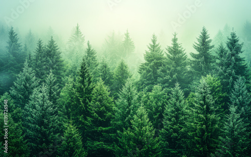 Lush green forest shrouded in mist during early morning hours in a serene natural setting