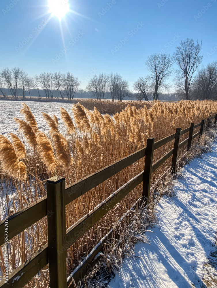 Fototapeta premium Winter marsh landscape with tall grasses and bright sun in clear blue sky
