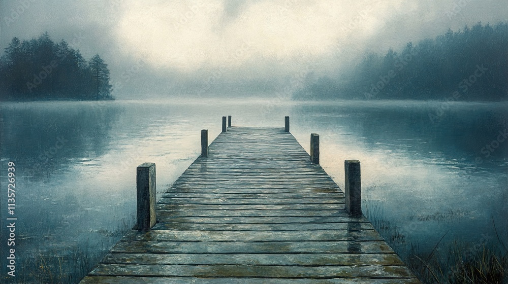 Obraz premium Misty Lake and Wooden Dock: A Serene Landscape