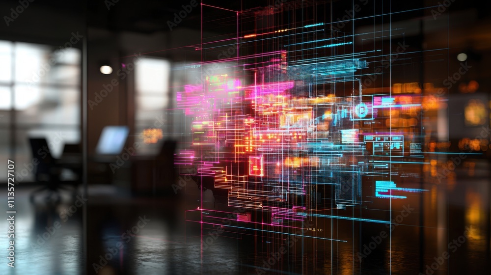 Fototapeta premium Modern Open Space Office with Neon Lights and Digital Graphics