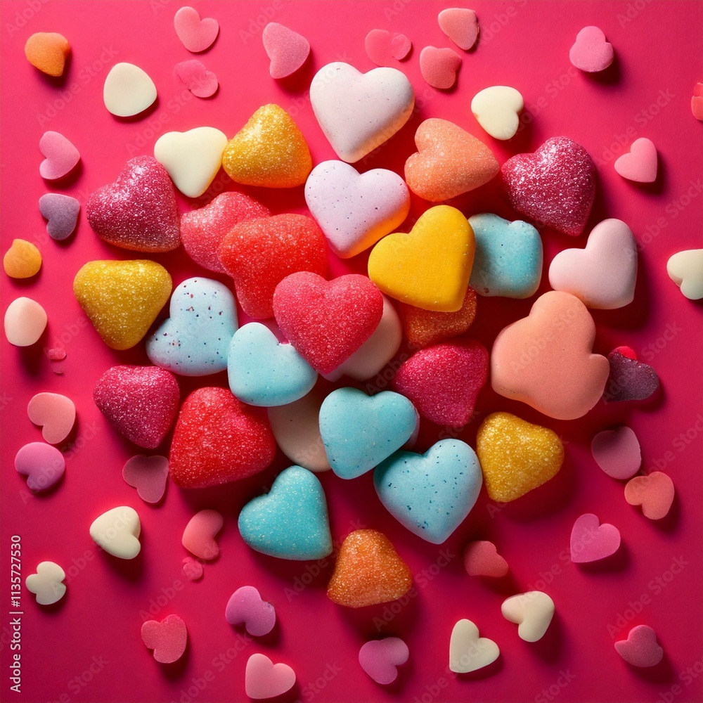 Playful Valentine's Day Design with Colorful Glitter Hearts and Pastel Decorations Scattered on a Bright Pink Background for Fun and Festive Celebrations Playful Valentine's Day Design with Colorful Glitter Hearts and Pastel Decorations Scattered on a Bright Pink Background for Fun and Festive Celebrations