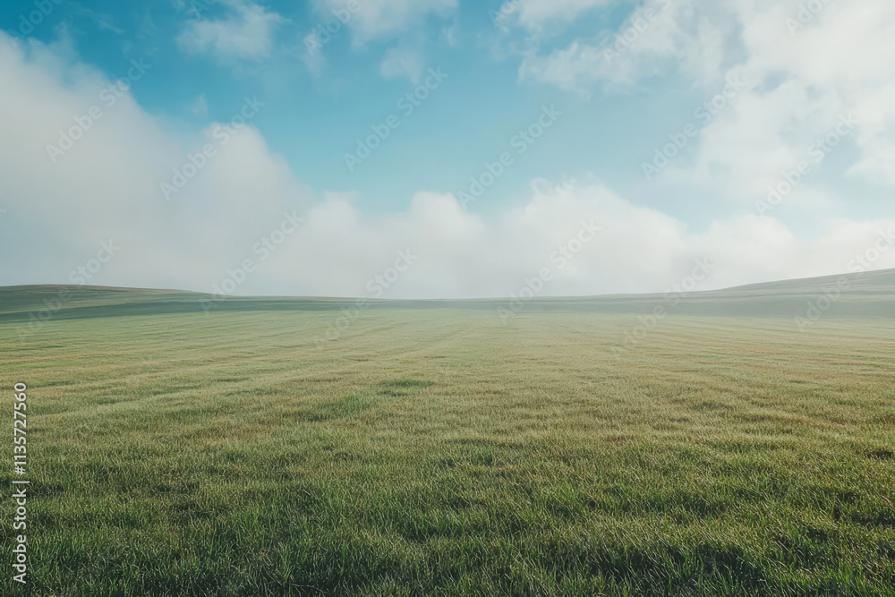 Obraz premium Expansive green field under a cloudy blue sky on a tranquil day