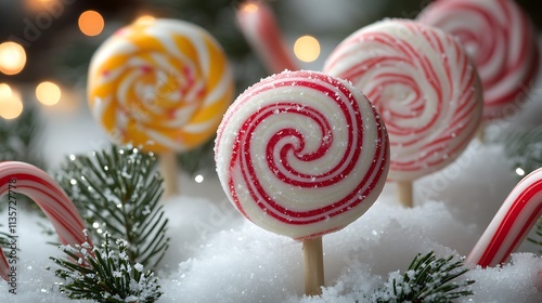 Colorful swirled Christmas lollipops stuck into fresh snow, surrounded by candy canes and evergreen branches. photo