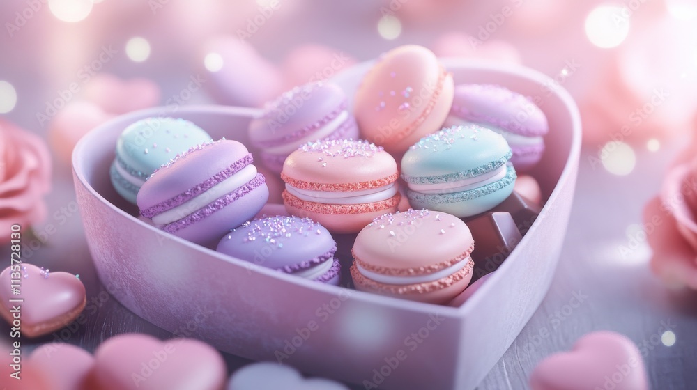 Obraz premium Heartshaped box with macarons chocolate surrounded by hearts