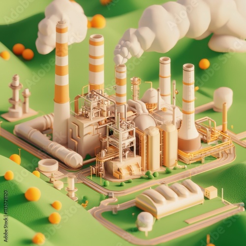 Clean and Minimalist 3D Isometric Rendering of Industrial Factory Scene photo