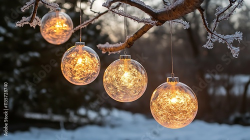 Ornaments with LED lights glowing from within, hanging on a tree covered in artificial frost, creating a magical winter effect.  photo