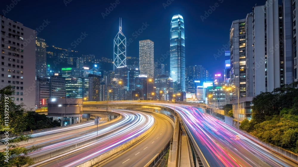 Night cityscape with highway light trails. Night cityscape with highway light trails.