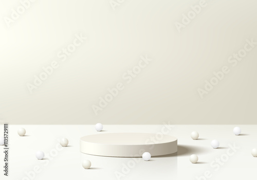 Cream 3D cylindrical podium background with sphere ball. Empty studio wall scene. Minimalist mockup pedestal. Abstract stand product display presentation, Stage for showcase. Vector platform design.