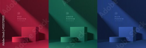 Set of 3D dark red, green and blue cylindrical podium background with cube backdrop. Studio wall scene. Minimalist 3D mockup pedestal. Abstract stand product display presentation. Stage for showcase.