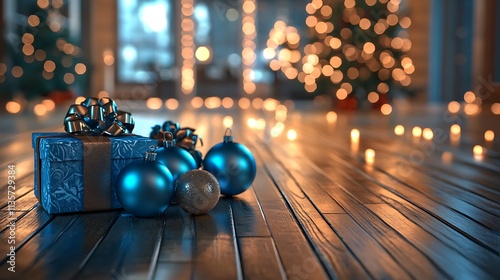Silver and blue wrapping, glass ornaments, polished wood floor, and glowing lights.  photo