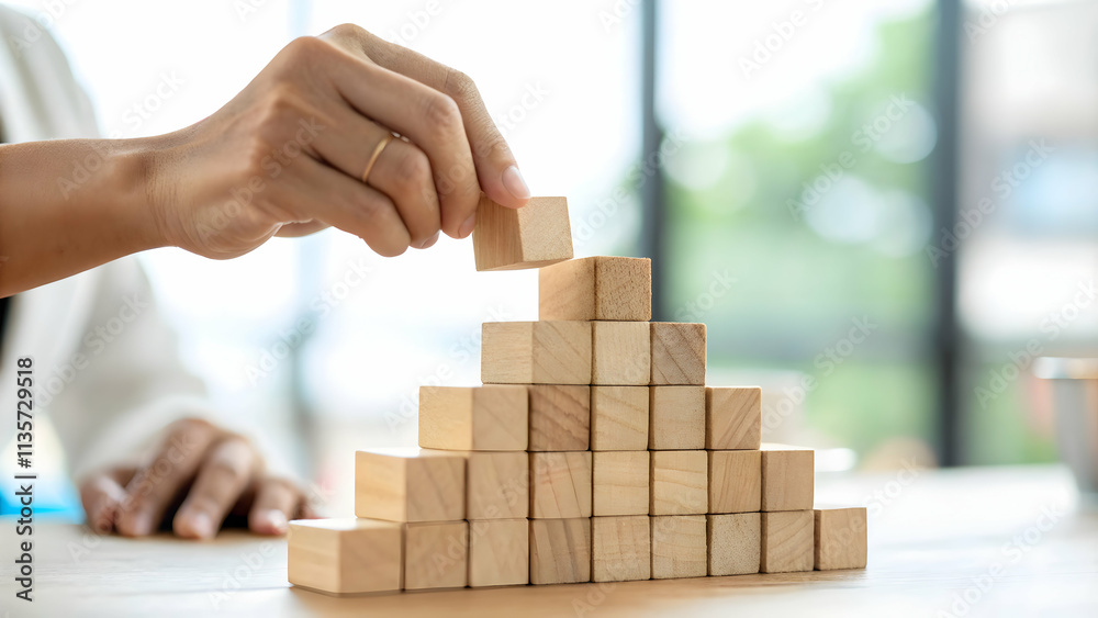 Close-Up Hand Arranging Blocks Structure Solution Building Basic Components Blurred Background Space for Messaging Close-Up Hand Arranging Blocks Structure Solution Building Basic Components Blurred Background Space for Messaging